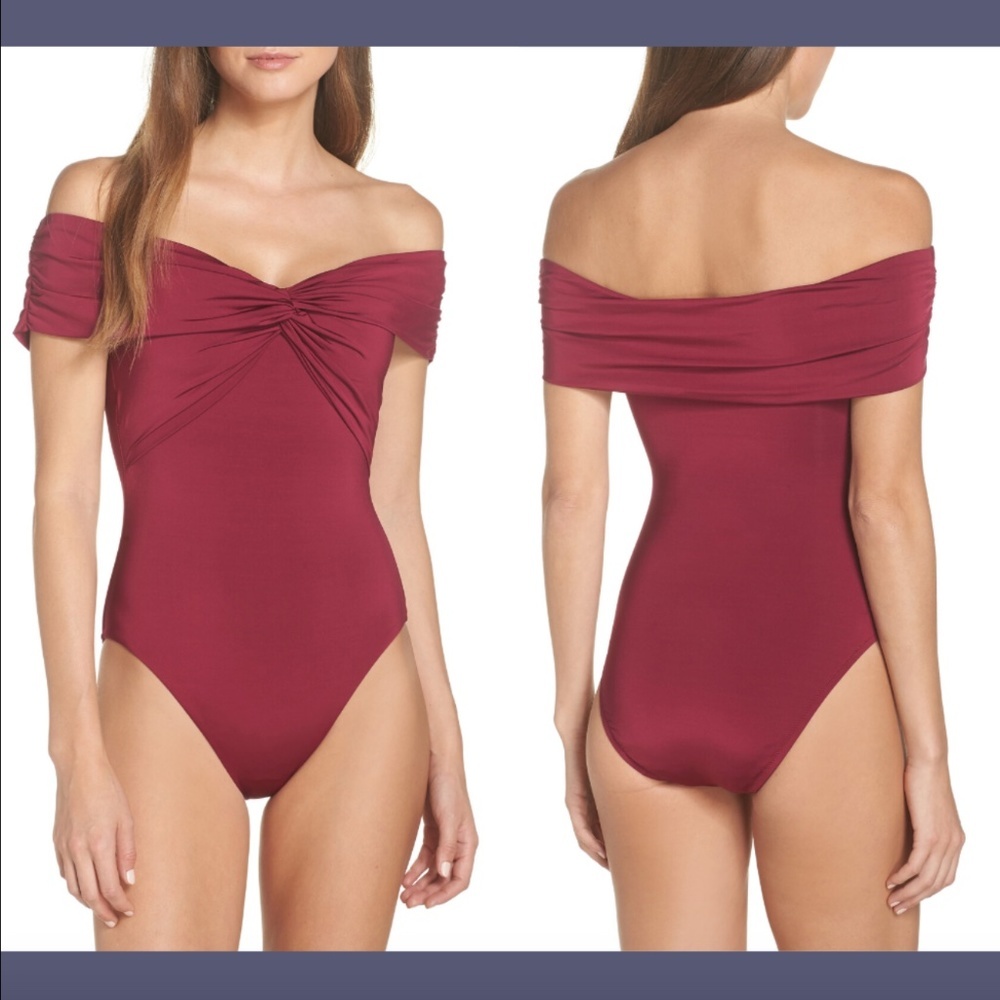 NWT $132 Trina Turk Merlot Off the Shoulder One-Piece Swimsuit‎ [ SZ 12 ] MERLOT